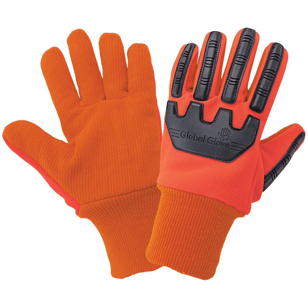 High-Visibility Orange Cotton/Polyester Corded Gloves with Impact Protection - Spill Control